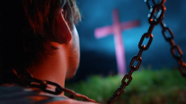 Chains and Cross: A poignant composition of a person bound by chains, contemplating a cross, capturing the depth of contemplation, faith, and struggle. 