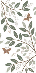 Fototapeta premium Seamless pattern with green leaves and brown branches, butterflies, on a white background, nature-inspired