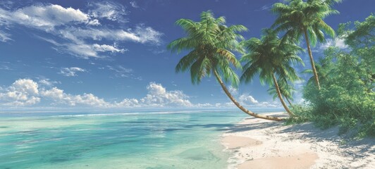 The serene beach with palm trees under a clear blue sky.