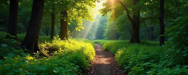 Obraz premium Winding Forest Path A Sun-Dappled Adventure Awaits Discovery of hidden wonders in a lush, mysterious forest. Explore the unknown, promising unexpected beauty and adventure.