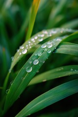 Naklejka premium Close-up of dew drops on vibrant green grass blades in natural setting