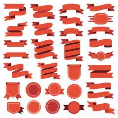 Obraz premium Collection of Thirty Red and Dark Red Ribbon Banners and Badges Various Shapes and Styles Flat Design Elements for Web Design Branding and Decoration
