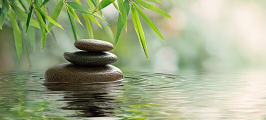 The serene stack of stones resting on calm water surrounded by bamboo leaves.