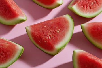 Six watermelon slices arranged on a light purple surface with shadows