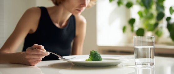 The woman enjoying a minimalist dining experience with a plate of broccoli.