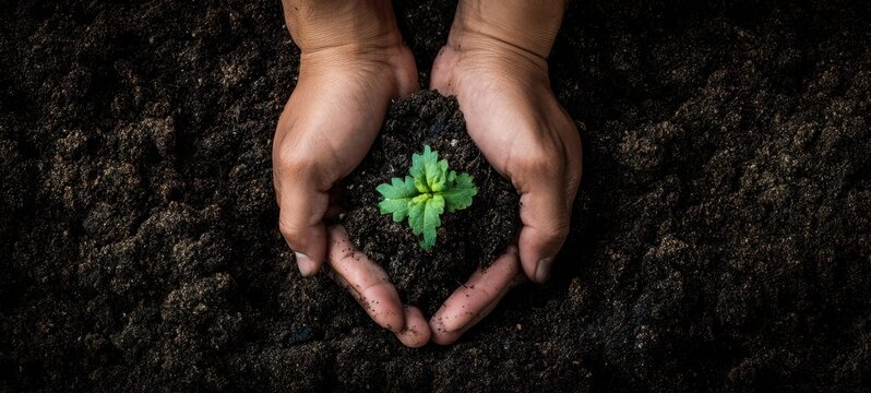 The hands nurturing a young plant in rich soil for sustainable growth - Powered by Adobe
