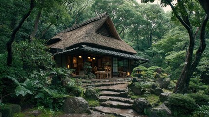 Tranquil Japanese teahouse nestled in a lush forest