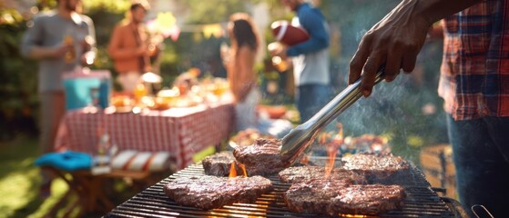 The sizzling burgers on the grill at a vibrant summer barbecue party.