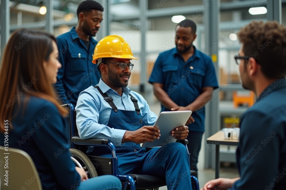 Poster aerial view of disabled black factory worker using tablet surrounded by colleagues discussing projec