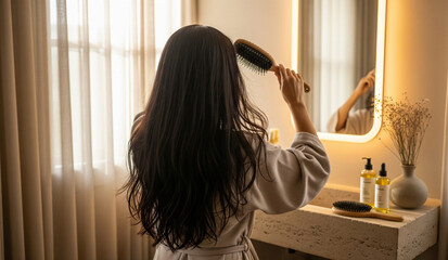 A young woman in a beige robe brushing her long dark hair from behind, looking into a rectangular mirror with illuminated edges, with hair care products and a vase on the bathroom counter.