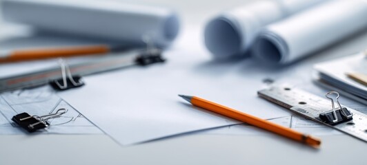 The creative workspace with drafting tools and architectural plans on a desk.