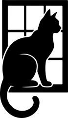 Cat Sitting on Windowsill Silhouette | Vector Illustration
