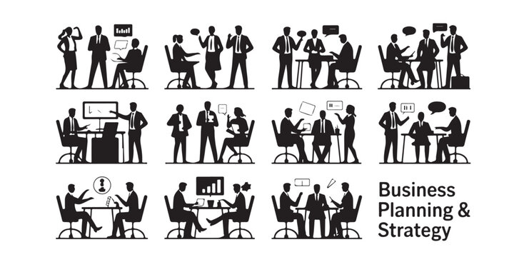 Black and white silhouette illustrations of business planning and strategy meetings in various scenarios