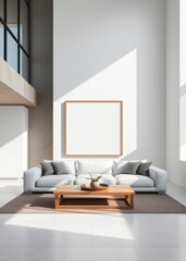 Minimalist living room with a large white sofa wooden coffee table and a blank framed wall art Empty room interior design architecture blank design room striking structures clean lines geomet