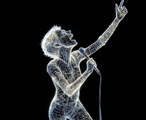 A Glowing Holographic Figure of a Rock Star Singing into a Microphone, Created with Digital Light Lines