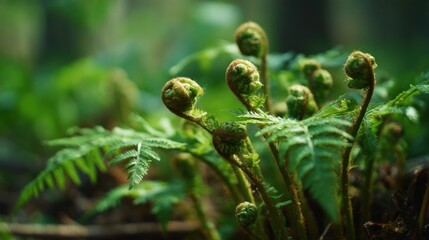 Close up of young fern fronds unfurling in a lush green forest with blurred background detail