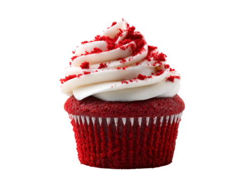 Delicious red velvet cupcake with cream cheese frosting, Isolated On White, Png, Transparent Background