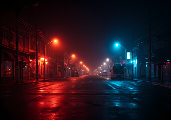 Fototapeta premium Neon Nights A City Street in the Mist