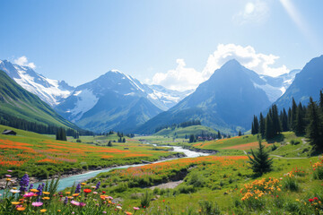 Alpine Meadow Valley with Snow-capped Peaks