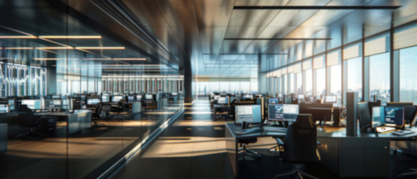 Empty blur shot stock market trading office floor in door building investment business chart economy exchange banking growth information screen desk diagram and computer.