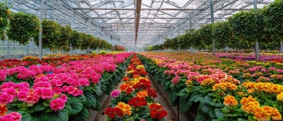 The vibrant array of flowers flourishing in a greenhouse setting.