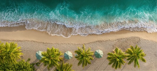 The serene beach with palm trees and umbrellas by the turquoise ocean.