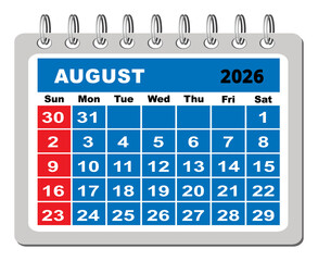 August 2026 calendar page template, monthly grid design with Sunday start, clean vector layout for planners and schedules