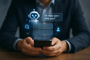 Businessman interacting with smart AI chatbot interface for business, AI chatbot, artificial intelligence, smart assistant, ChatGPT concept, business automation, enterprise AI, tech innovation
