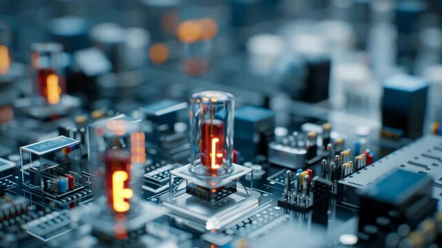 Future computer technology featuring complex electronic circuit board with an advanced anomaly detection system glowing