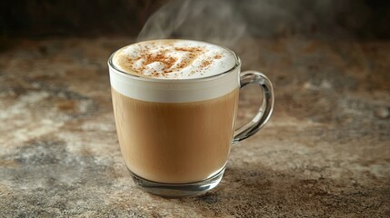 A steaming cup of vanilla latte with frothy milk art on top.