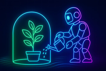 Neon Robot Watering Plant Under Glass Dome

