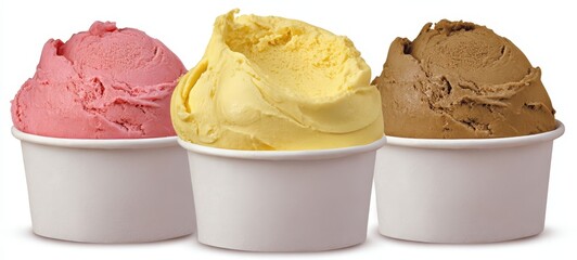 The three delicious scoops of ice cream in colorful cups.