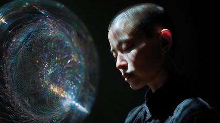 Futuristic Woman with Shaved Head Interacting with Glowing Quantum Sphere in Dark Room