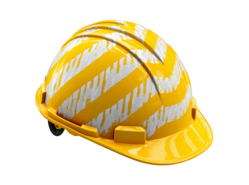 Yellow hard hat with white diagonal stripes safety construction worker, Isolated On White, Png, Transparent Background