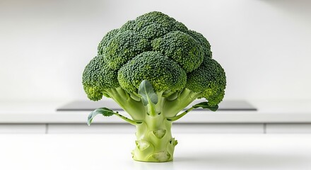 Fresh green broccoli crown with detailed florets and stems on white background