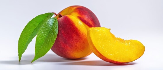 The vibrant peach with a luscious slice and fresh green leaves