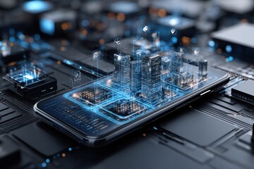 Smartphone displaying futuristic cityscape with digital elements