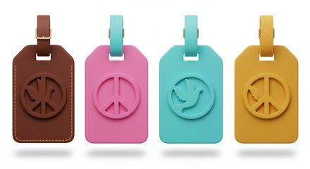 Four colorful luggage tags with symbols