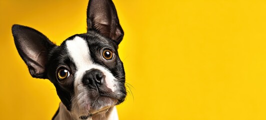 The adorable puppy with expressive eyes on a vibrant yellow background.