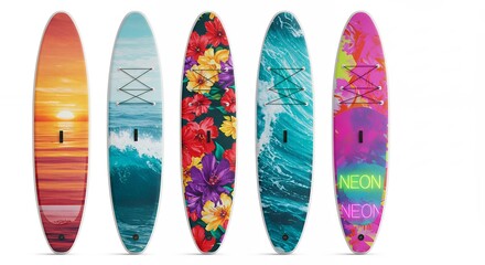 Four colorful paddle boards