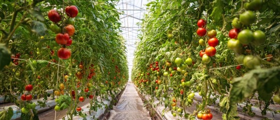 The vibrant rows of tomatoes growing in a spacious greenhouse environment.