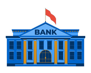 Classic bank building with red flag fluttering 2D cartoon object. Financial institution with columns. Banking government facility isolated element flat vector clip art on white. Spot illustration