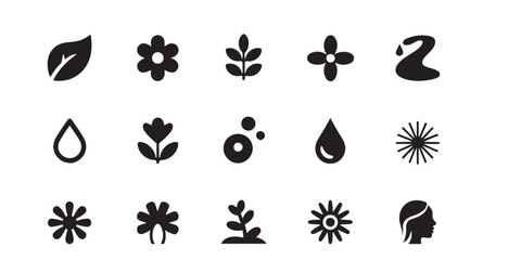 A collection of black and white vector icons featuring nature elements and a human profile icon