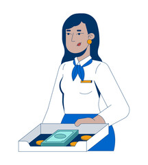 Smiling indian female bank teller holding cash tray 2D cartoon character. South asian woman bank officer handling paper bills and coins flat vector person isolated on white. Spot illustration colorful