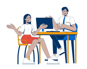 Happy client talking with financial advisor 2D cartoon characters. Cheerful middle eastern woman having discussion with civil servant flat vector people isolated on white. Spot illustration colorful