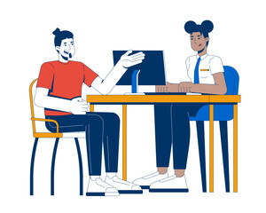 Customer service interaction at bank desk 2D cartoon characters. Caucasian male client in professional conversation with civil servant flat vector people isolated on white. Spot illustration colorful