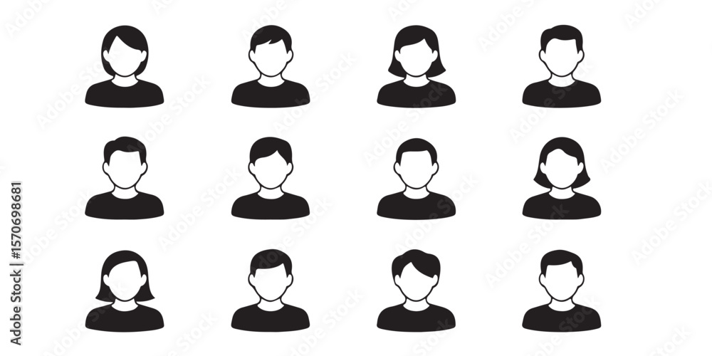 Aufkleber twelve simple black and white avatar icons arranged in a rectangular grid on a white background