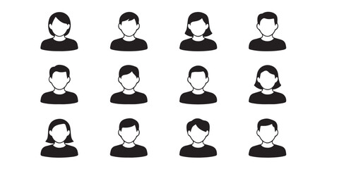 Twelve simple black and white avatar icons arranged in a rectangular grid on a white background
