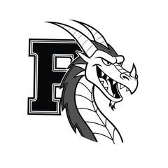 Ferocious dragon mascot head with letter f emblem for sports teams
