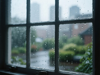 Fototapeta premium Rainy Window with Blurred Cityscape View